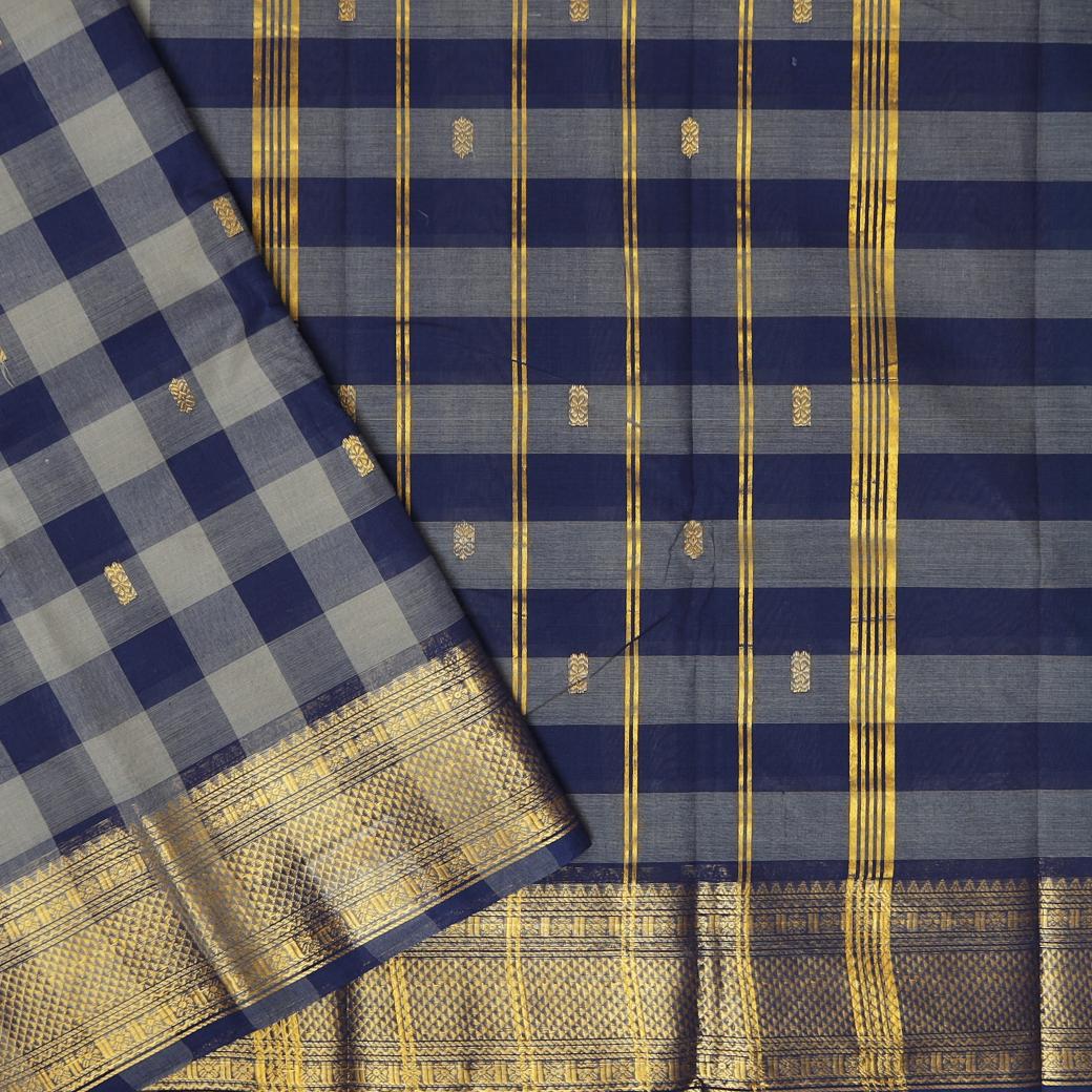 Navy Blue with Grey Checked Pure Cotton Saree