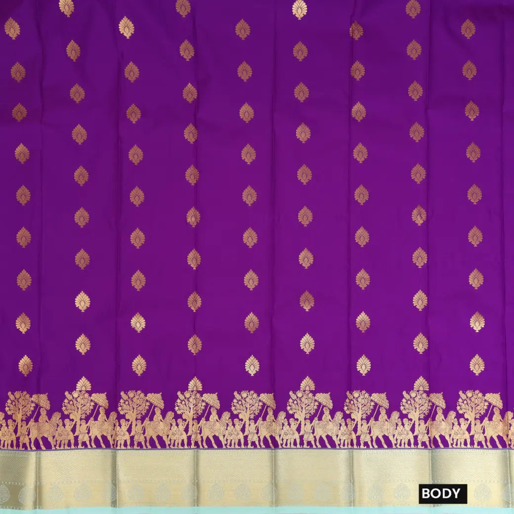 Purple With Pastel Green Copper Zari Border Korvai Silk Saree