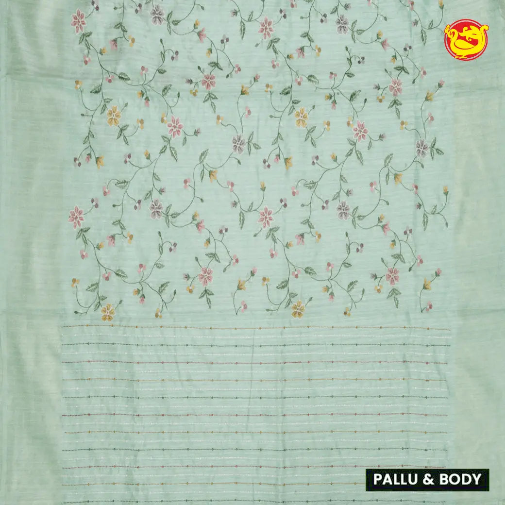 Pastel Green Embroidery Semi Raw Silk Saree