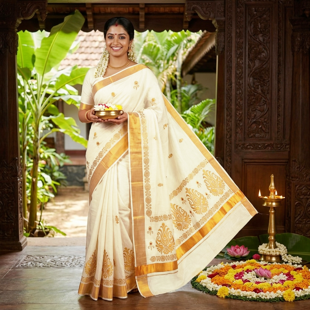 Off White With Golden Floral Cross Buttas Embroidery  traditional kerala onam saree