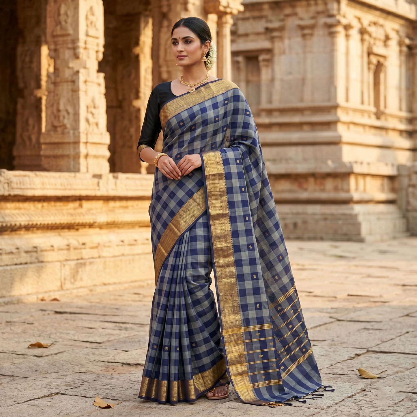 Navy Blue with Grey Checked Pure Cotton Saree