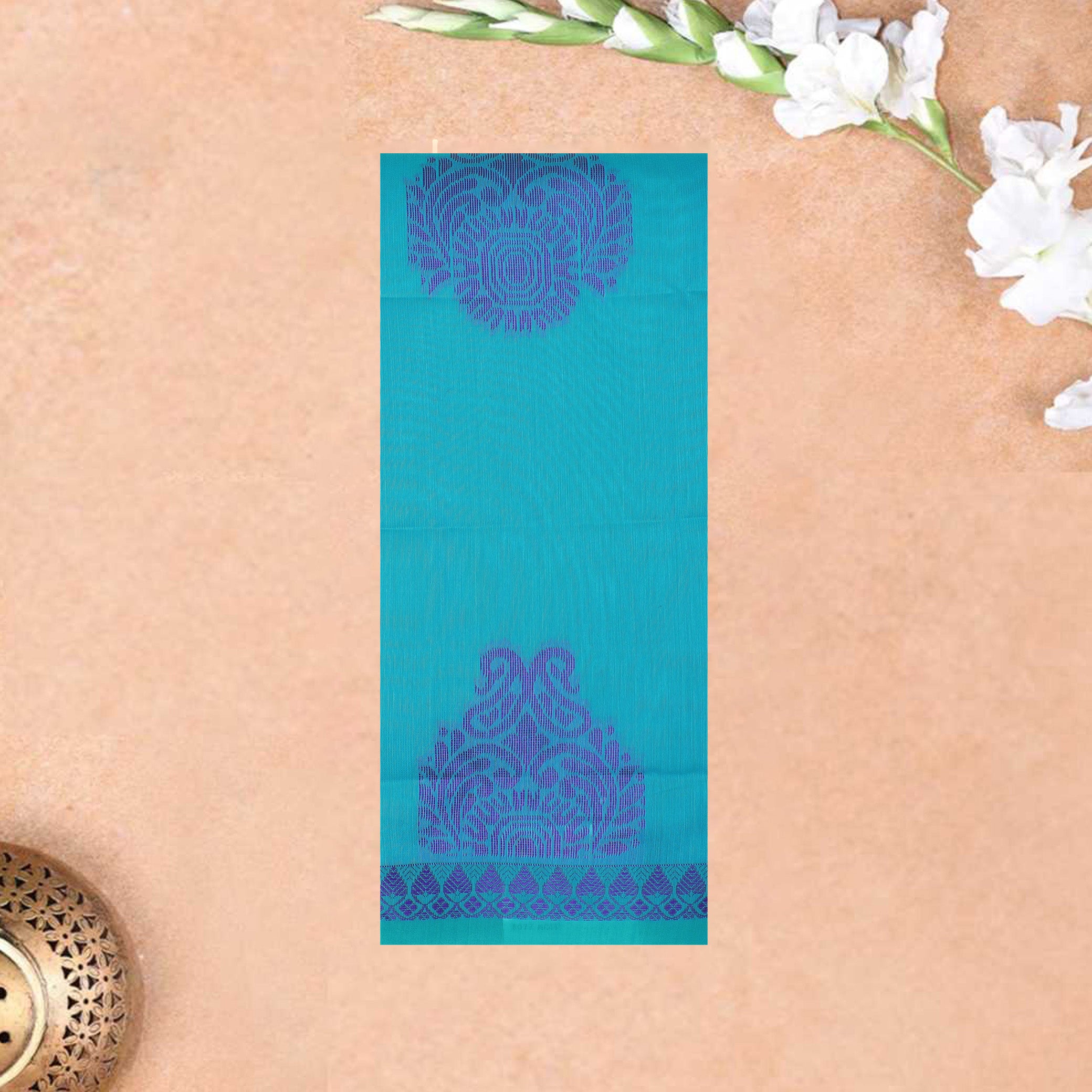 Turquoise Blue Silk Cotton Saree Without Border