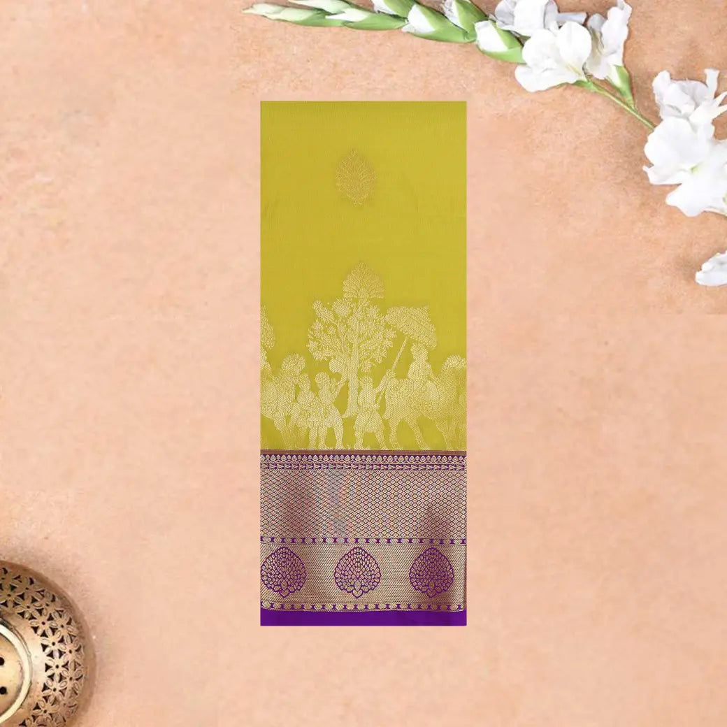 Mustard Green With Purple Copper Zari Border Korvai Silk Saree