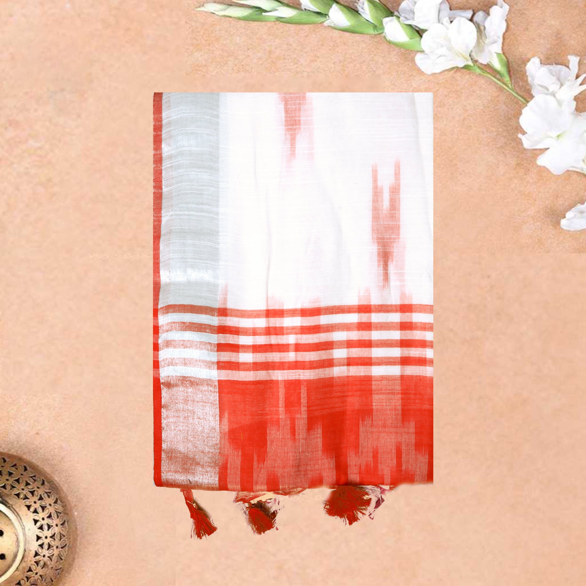 White  With Orange Trendy Linen Saree