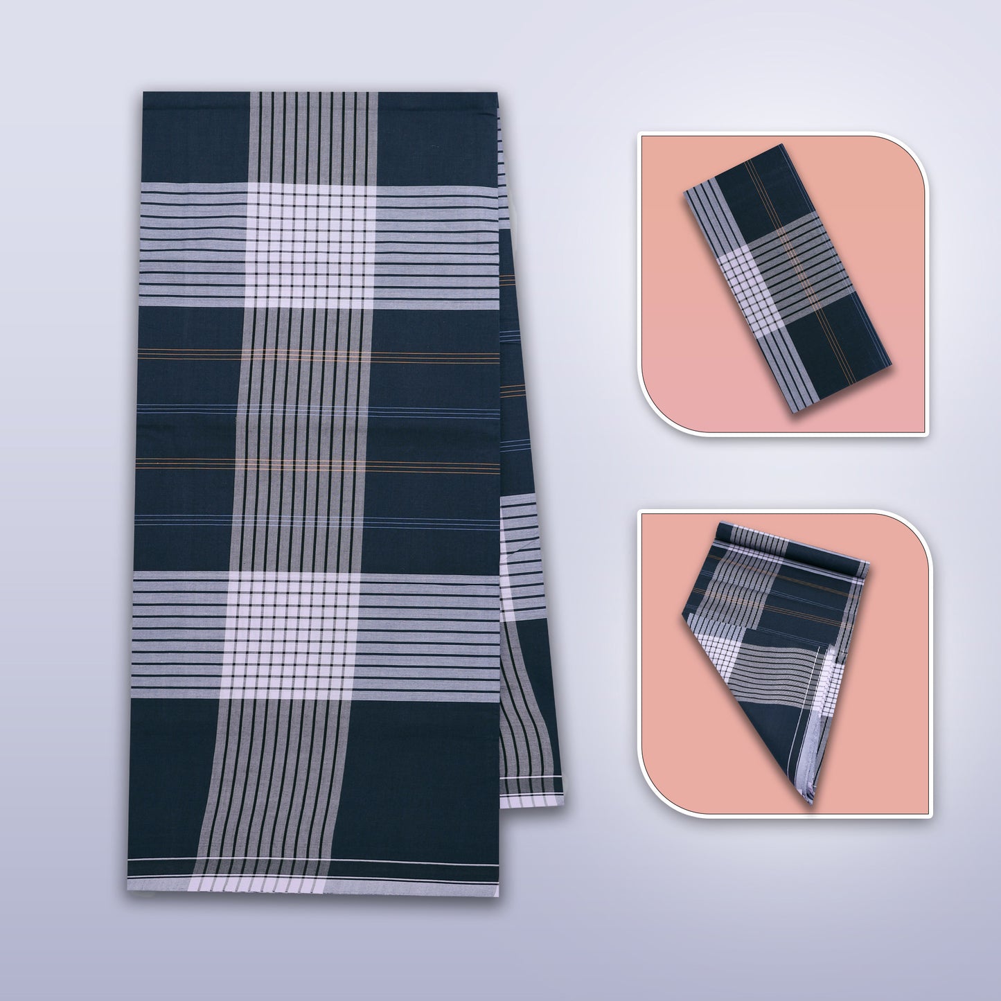 Men’s Navy Blue With White Stripe Cotton Stitched Lungi