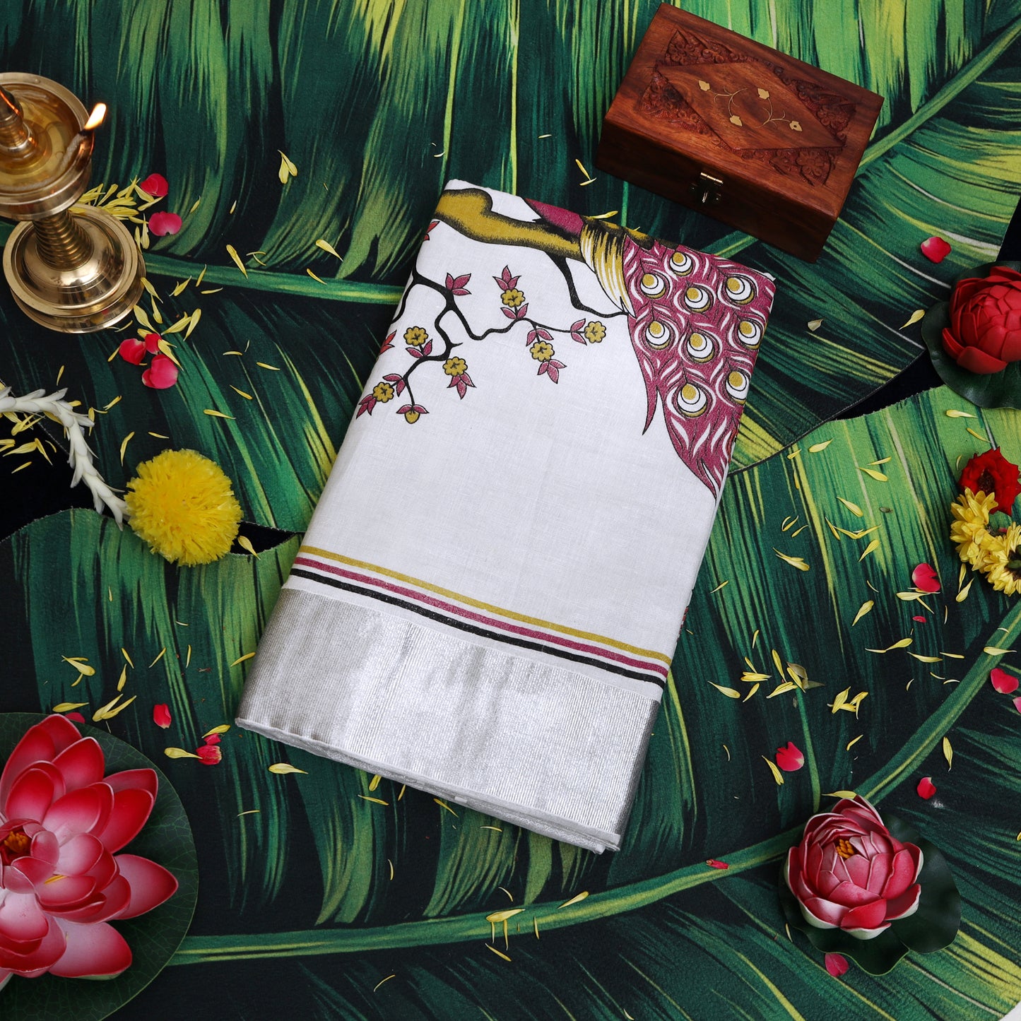 Silver With Peacock Mural Prints An Elegant traditional kerala onam saree
