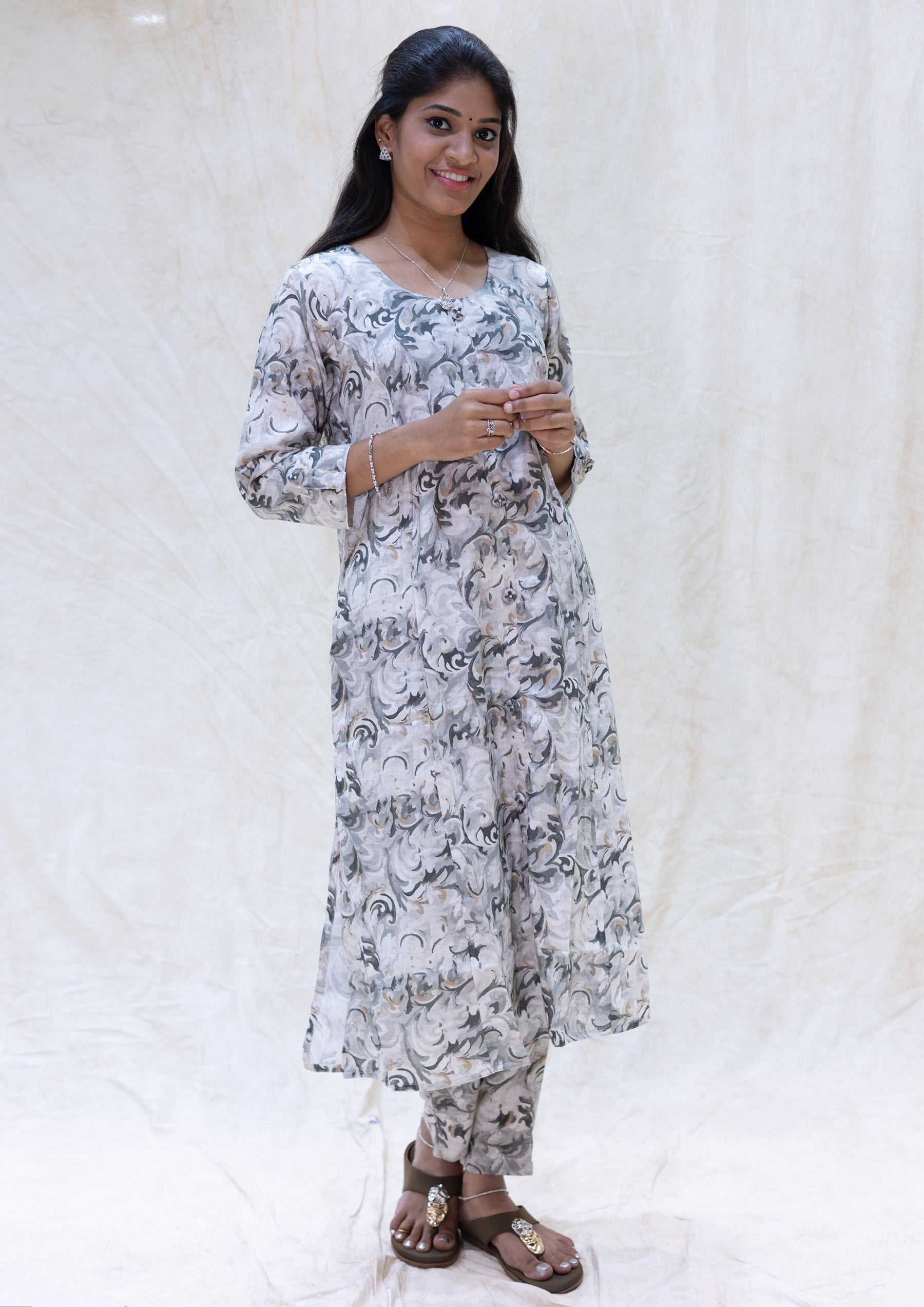 Kaaviya- White, Grey, and Black Ladies semi linen Co-ord-set Readymade