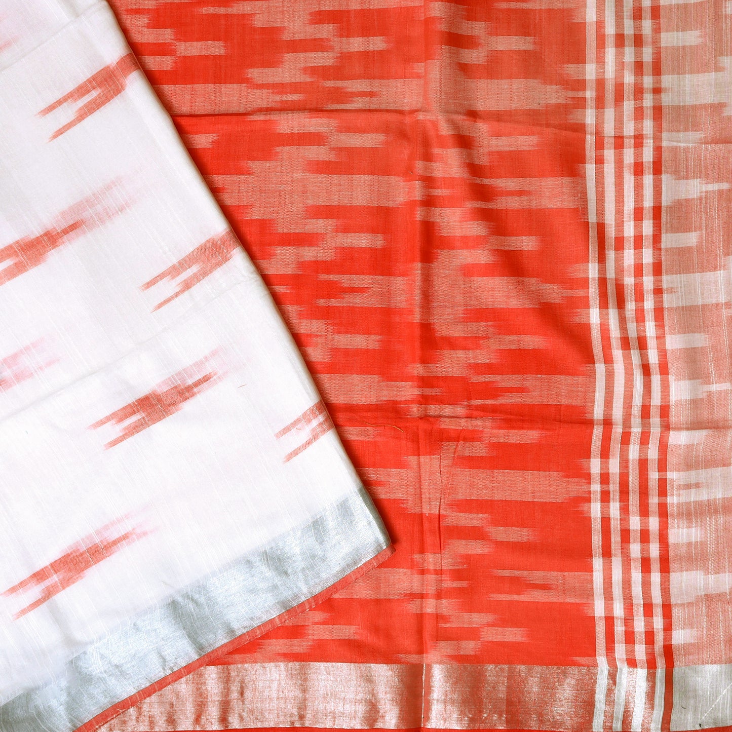 White  With Orange Trendy Linen Saree