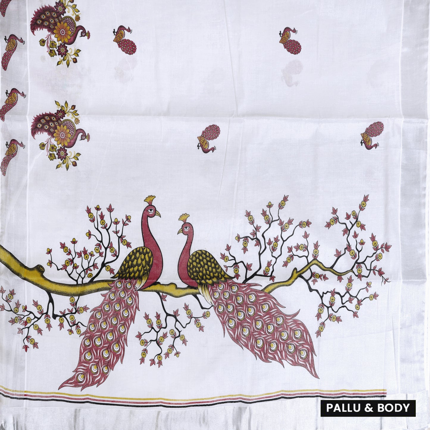 Silver With Peacock Mural Prints An Elegant traditional kerala onam saree