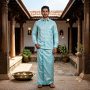 Light Blue Colour Readymade Shirt And Matching Border Dhoti Set For Men