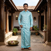 Light Blue Colour Readymade Shirt And Matching Border Dhoti Set For Men