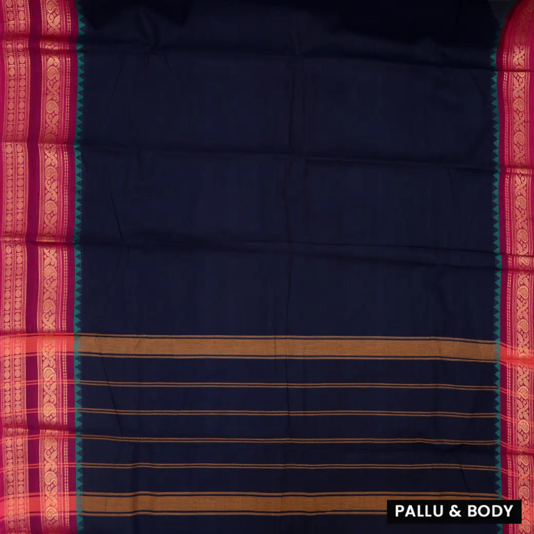 Navy Blue With Magenta Pure Chettinad Cotton Saree without Blouse