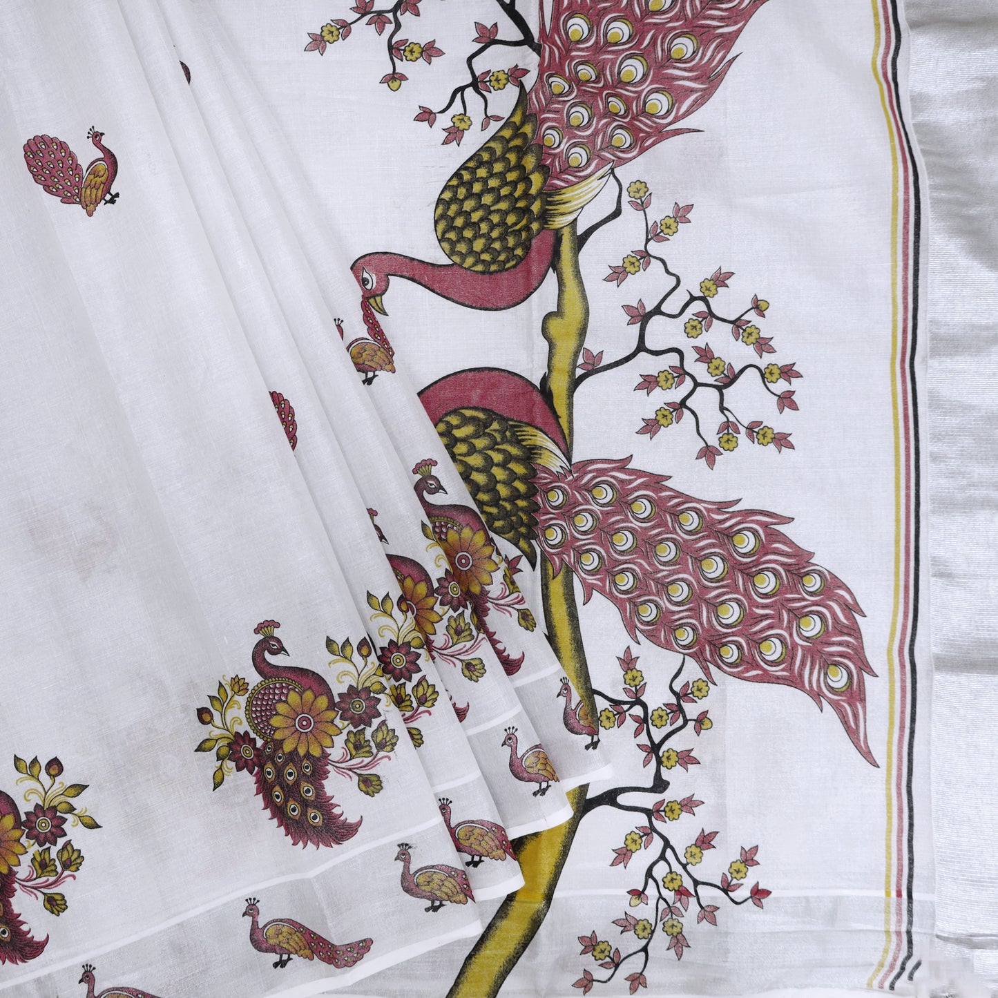 Silver With Peacock Mural Prints An Elegant traditional kerala onam saree