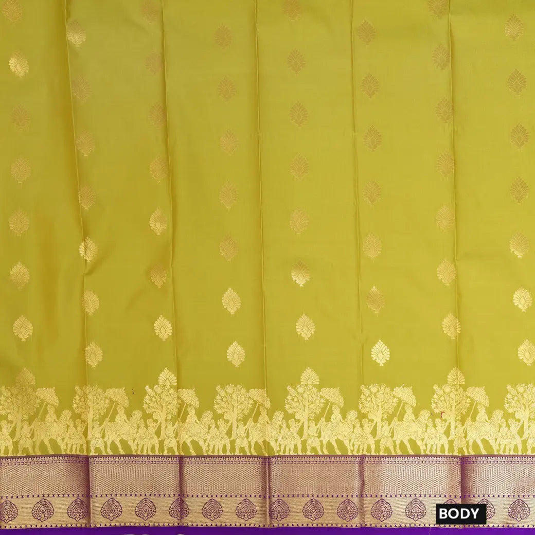 Mustard Green With Purple Copper Zari Border Korvai Silk Saree