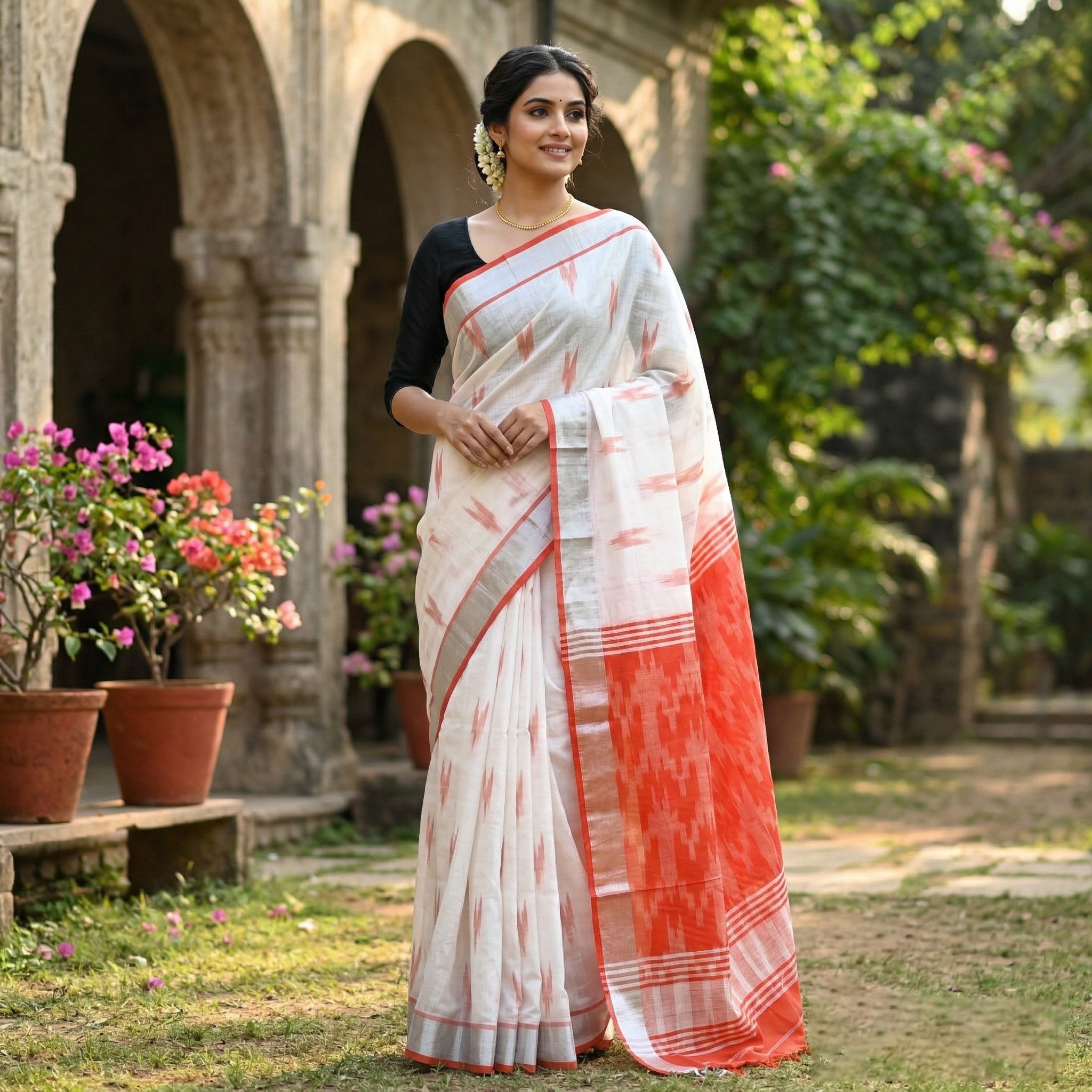 White  With Orange Trendy Linen Saree