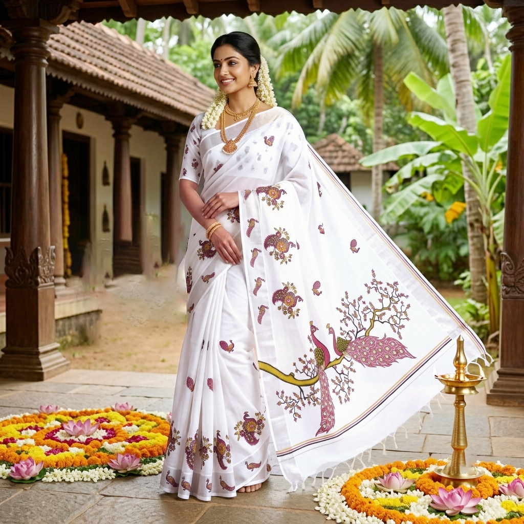Silver With Peacock Mural Prints An Elegant traditional kerala onam saree