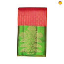 Orange with Green Floral Motifs Gold Zari Buttas Floral Border Pure Kanjivaram Soft Silk Saree - Thenianantham