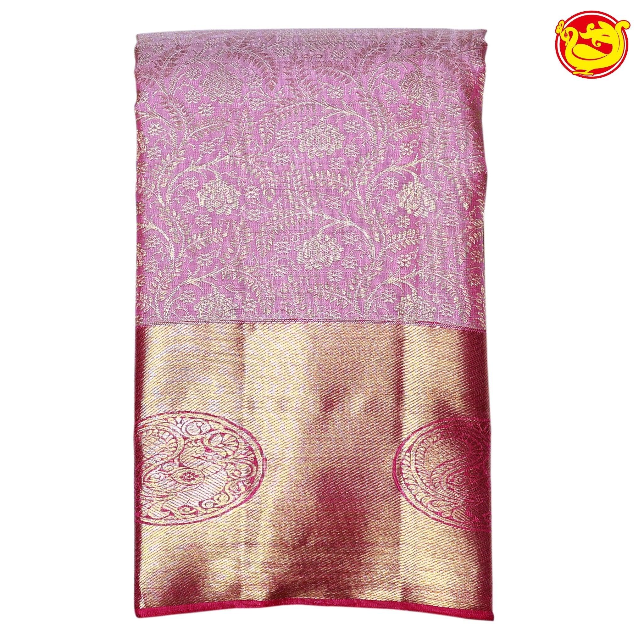 Rose Milk Jacquard Gold zari Floral Border Pure Kanjivaram Subhalaya Wedding Silk Saree - Thenianantham