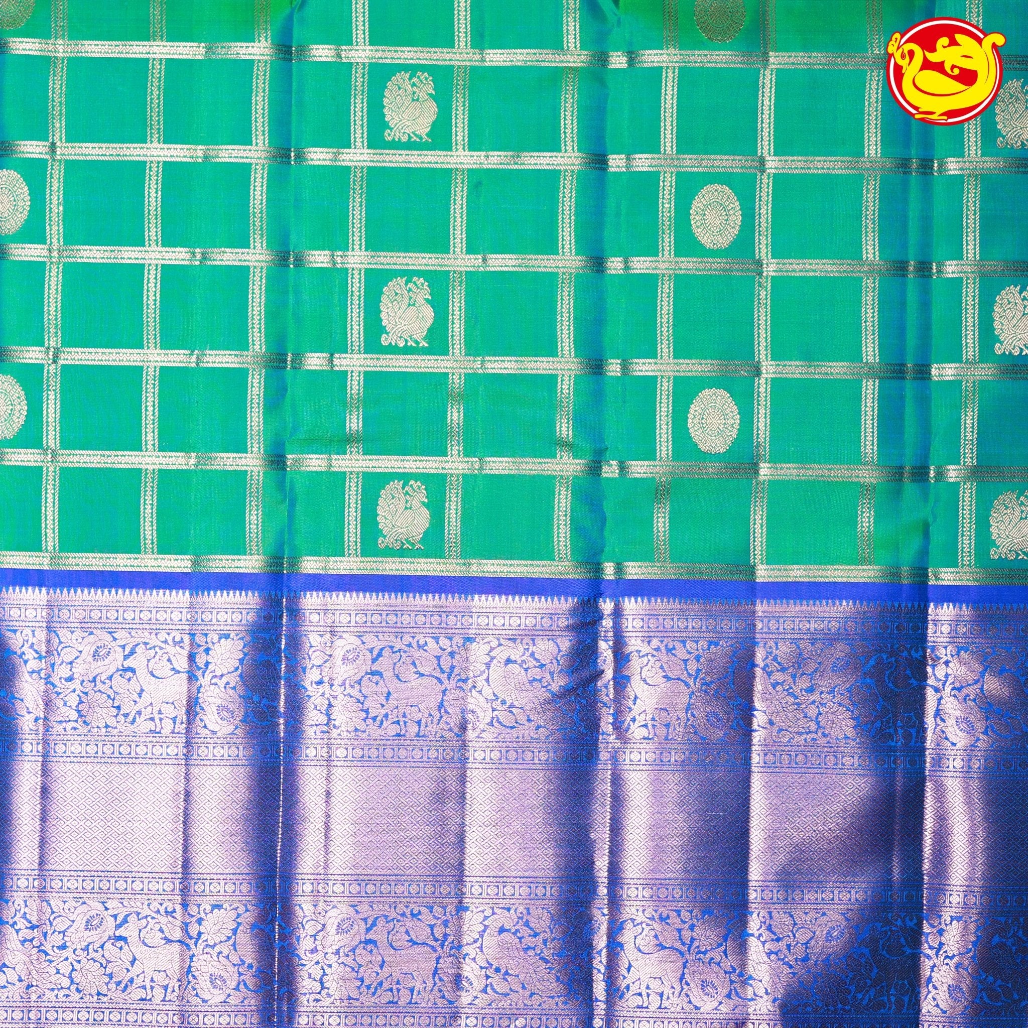 Rama Green with Blue Checked Round Buttas Long Border Kanjivaram Pure Soft Silk Saree - Thenianantham