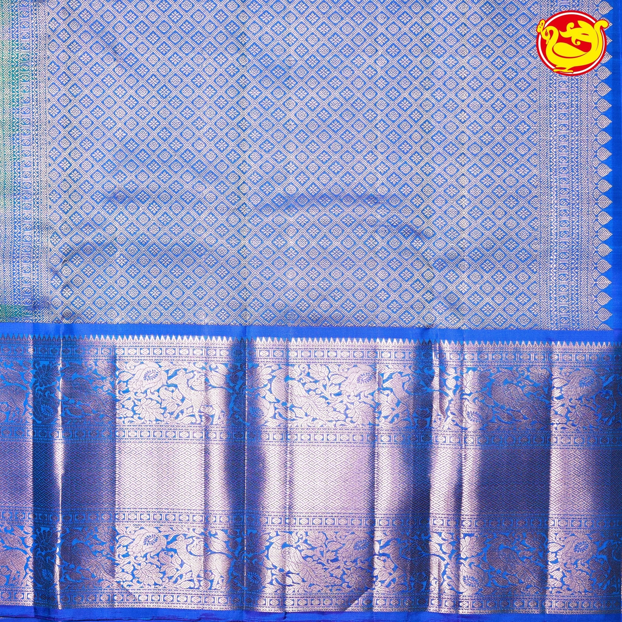 Rama Green with Blue Checked Round Buttas Long Border Kanjivaram Pure Soft Silk Saree - Thenianantham