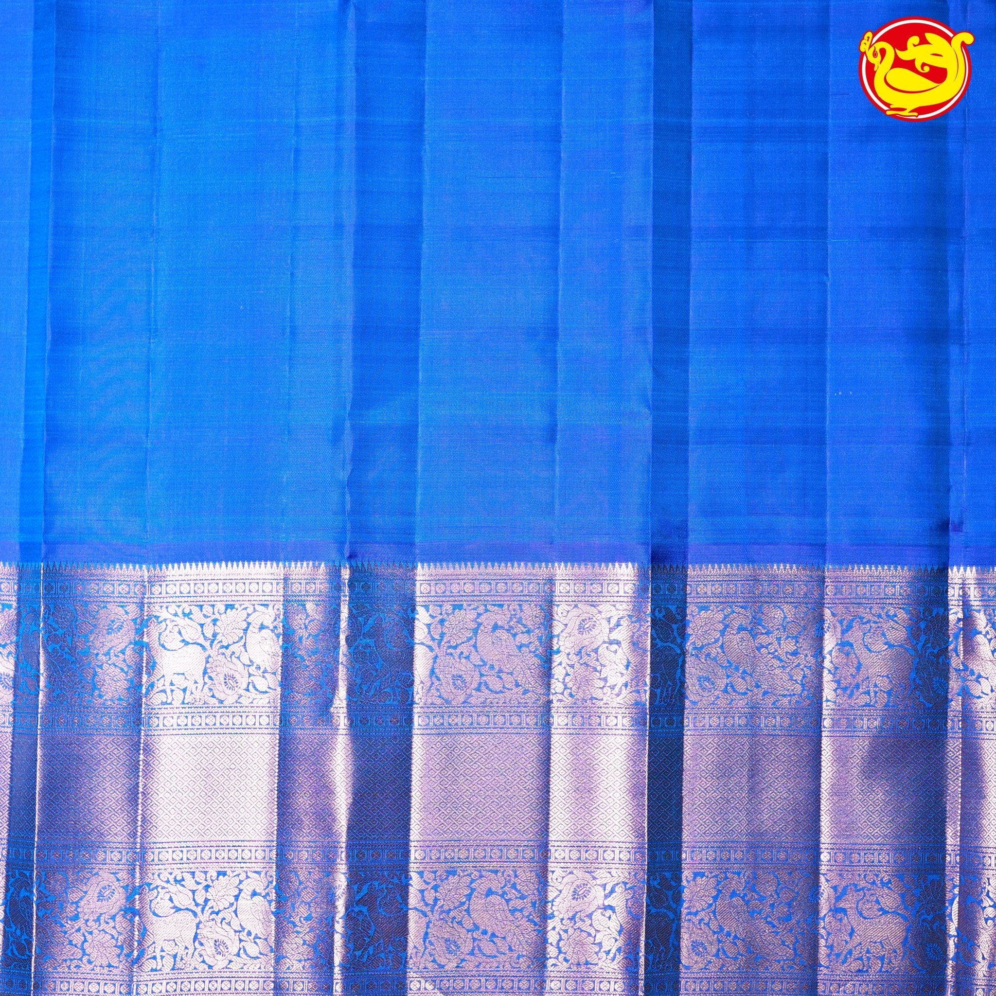 Rama Green with Blue Checked Round Buttas Long Border Kanjivaram Pure Soft Silk Saree - Thenianantham