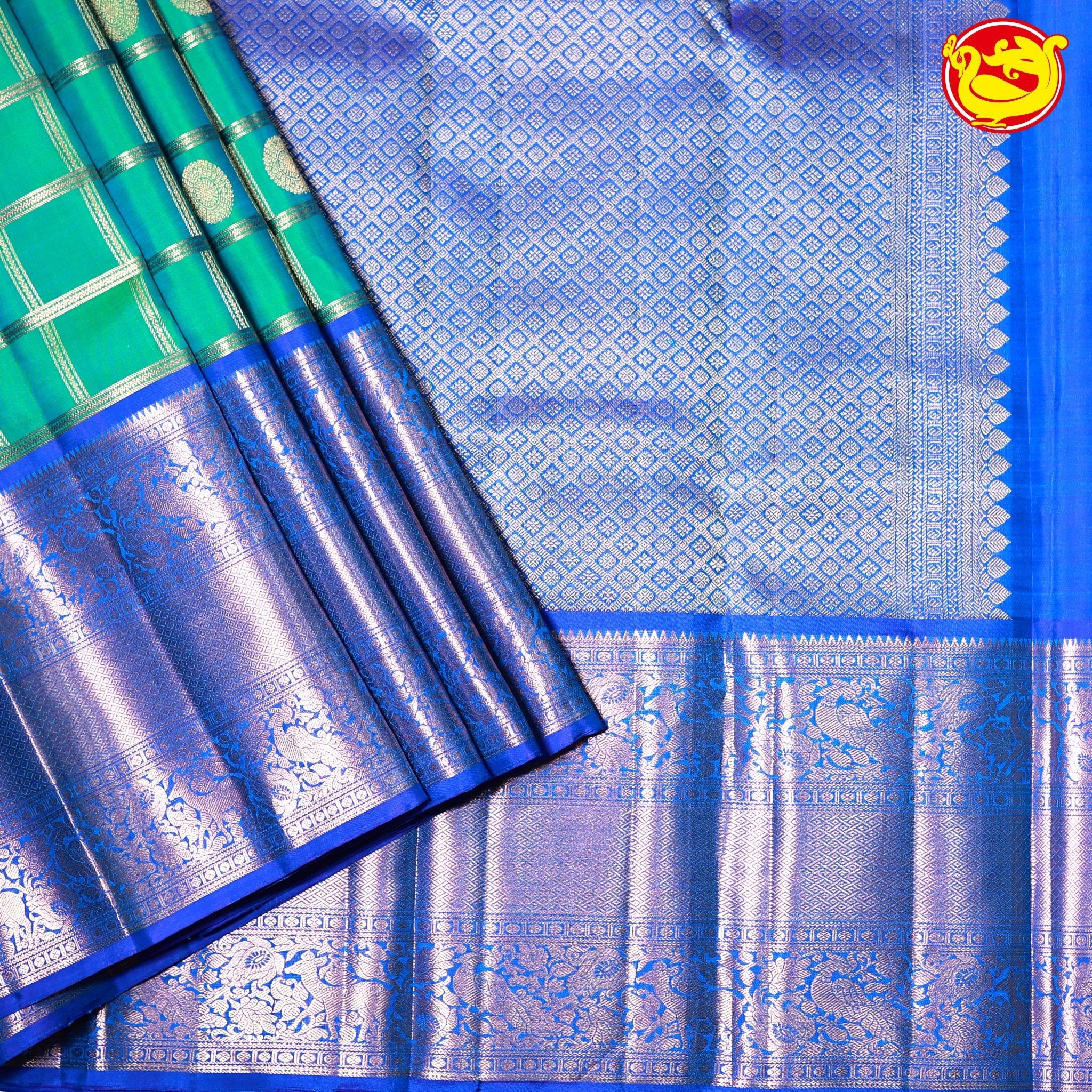 Rama Green with Blue Checked Round Buttas Long Border Kanjivaram Pure Soft Silk Saree - Thenianantham