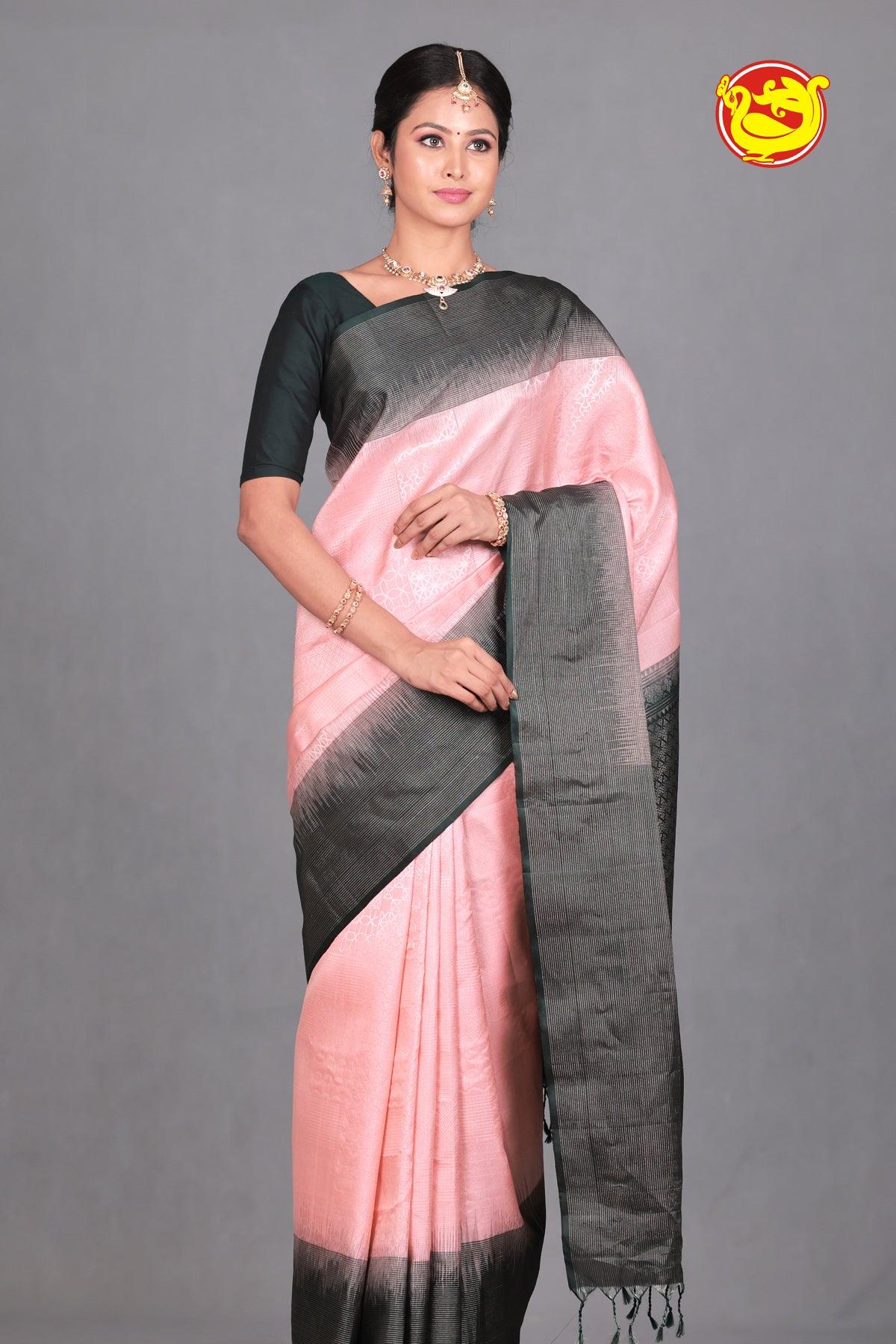 Light Peach With Dark Green Soft Silk Saree