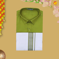 Olive Green With White Readymade Shirt And Matching Border Dhoti Set for Men