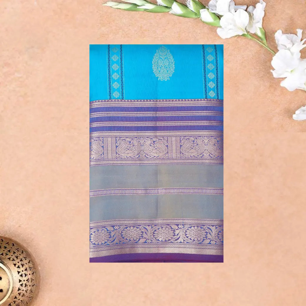 Sky  Blue with Purple and Red hamsam silk saree