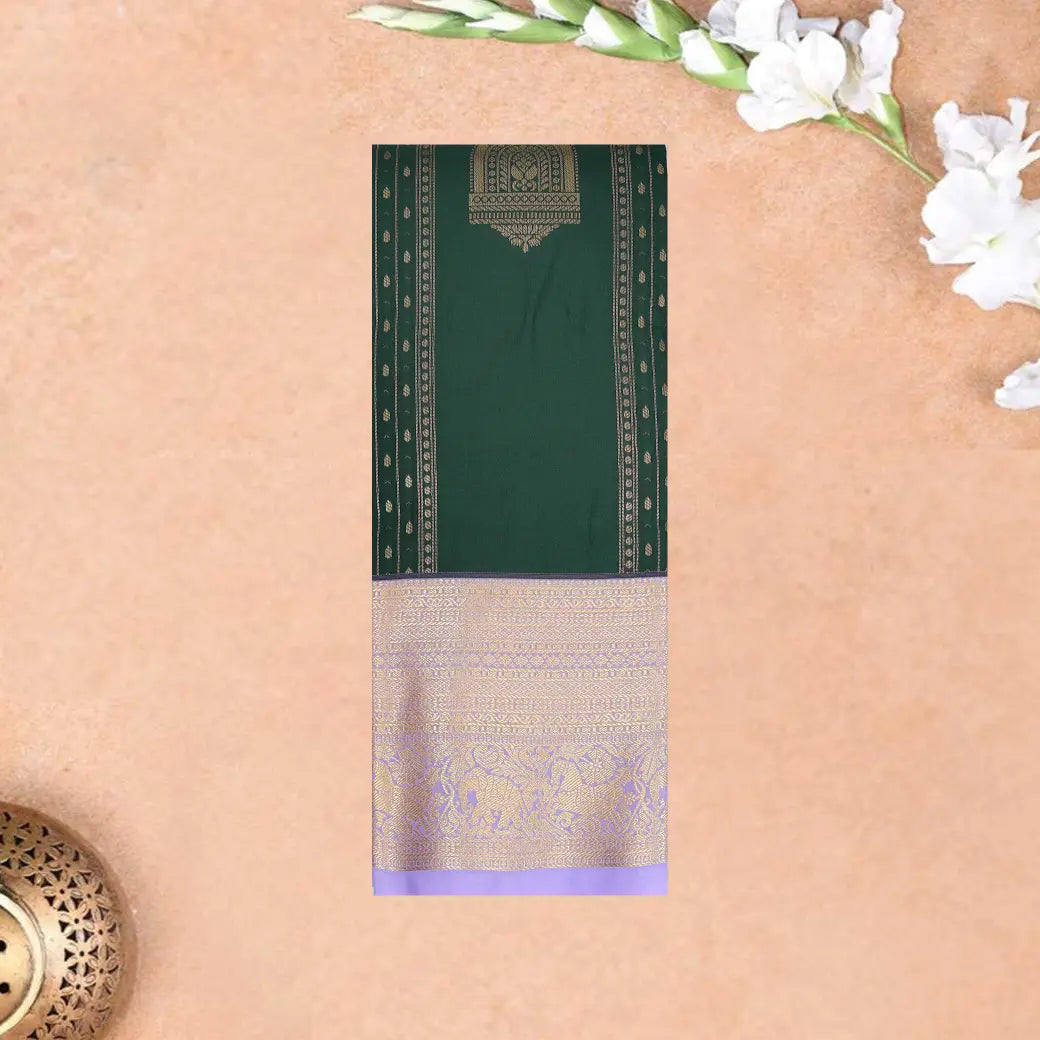 Bottle Green With Lavender Copper Zari Border Korvai Silk Saree