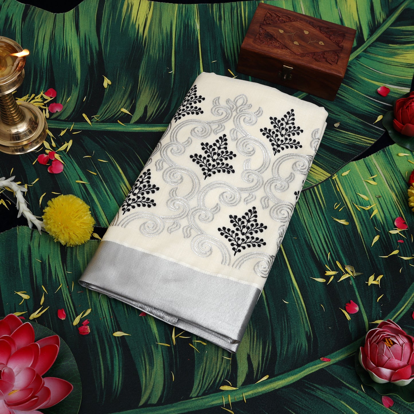 Off White With Silver Zeri Floral Design traditional kerala onam saree