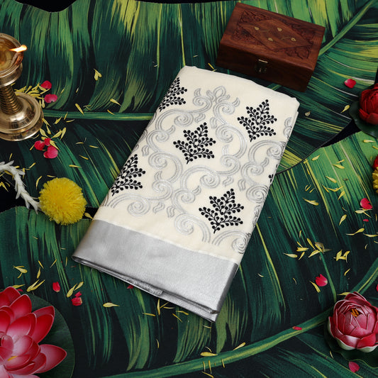 Off White With Silver Zeri Floral Design traditional kerala onam saree