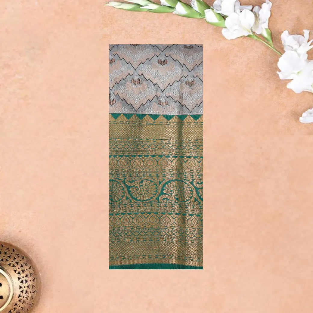 Gray With Green Floral Design Tissue Silk Saree