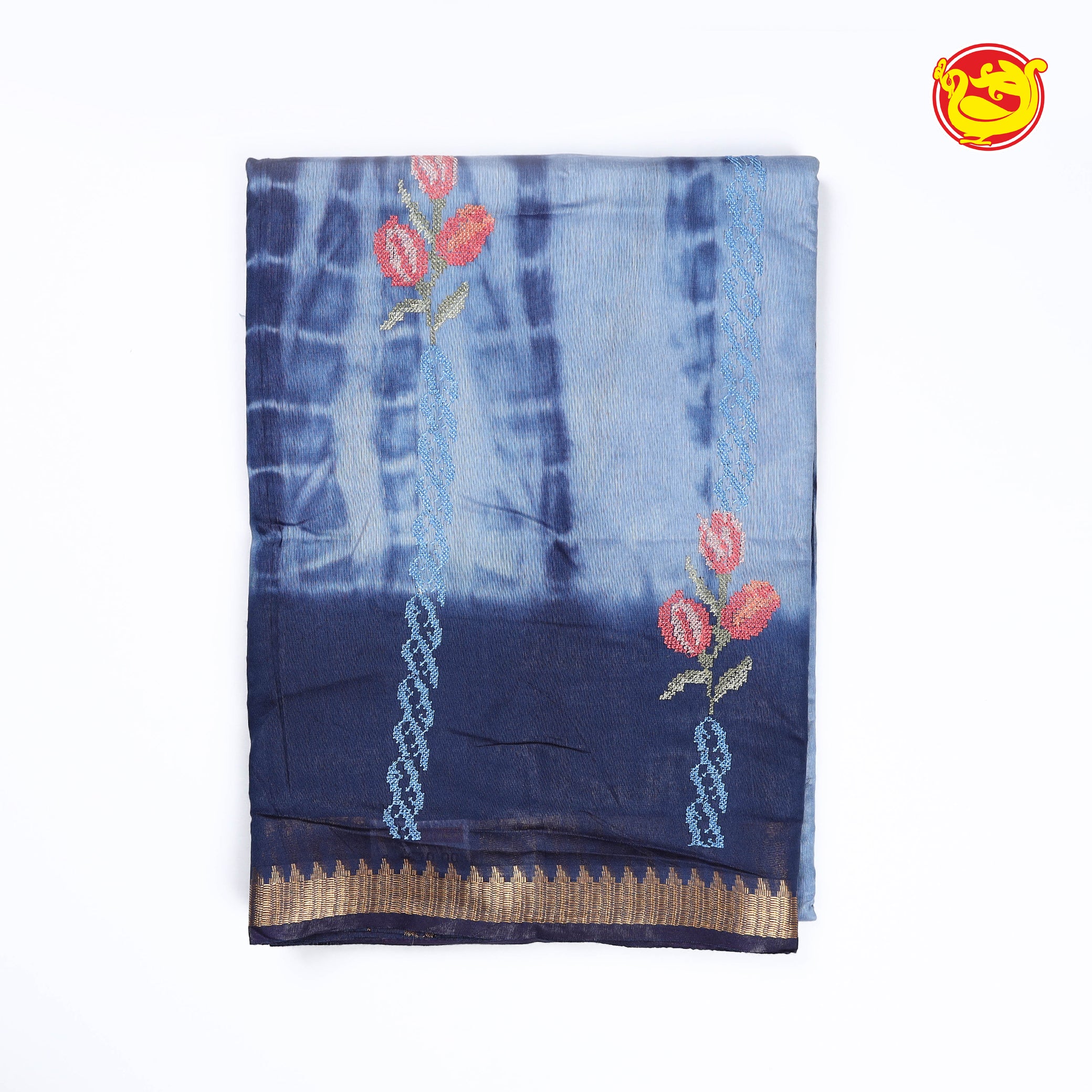 Blue art tussar saree with shibori and embroidery
