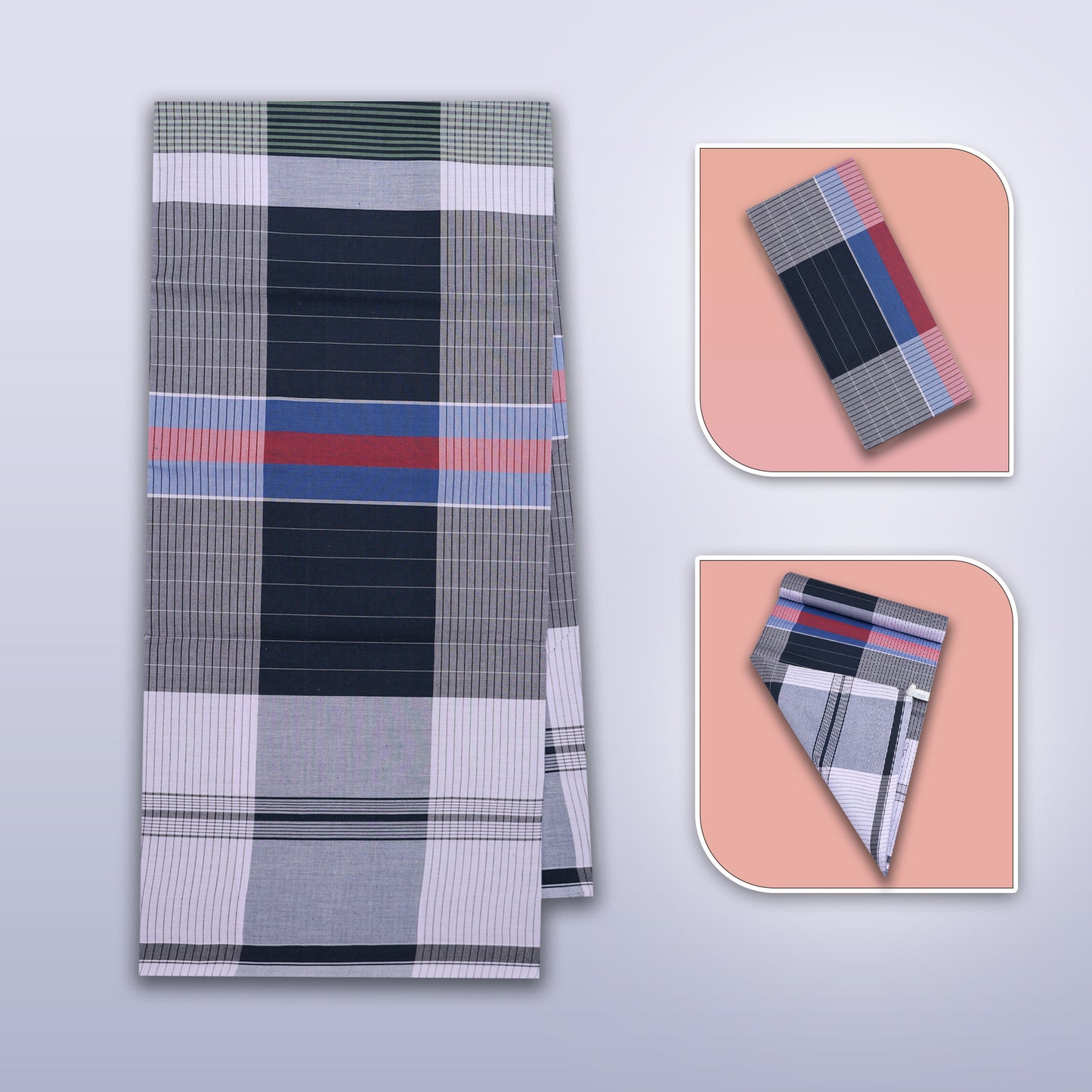 Men’s Grey with Navy Blue Stripe Cotton Stitched Lungi