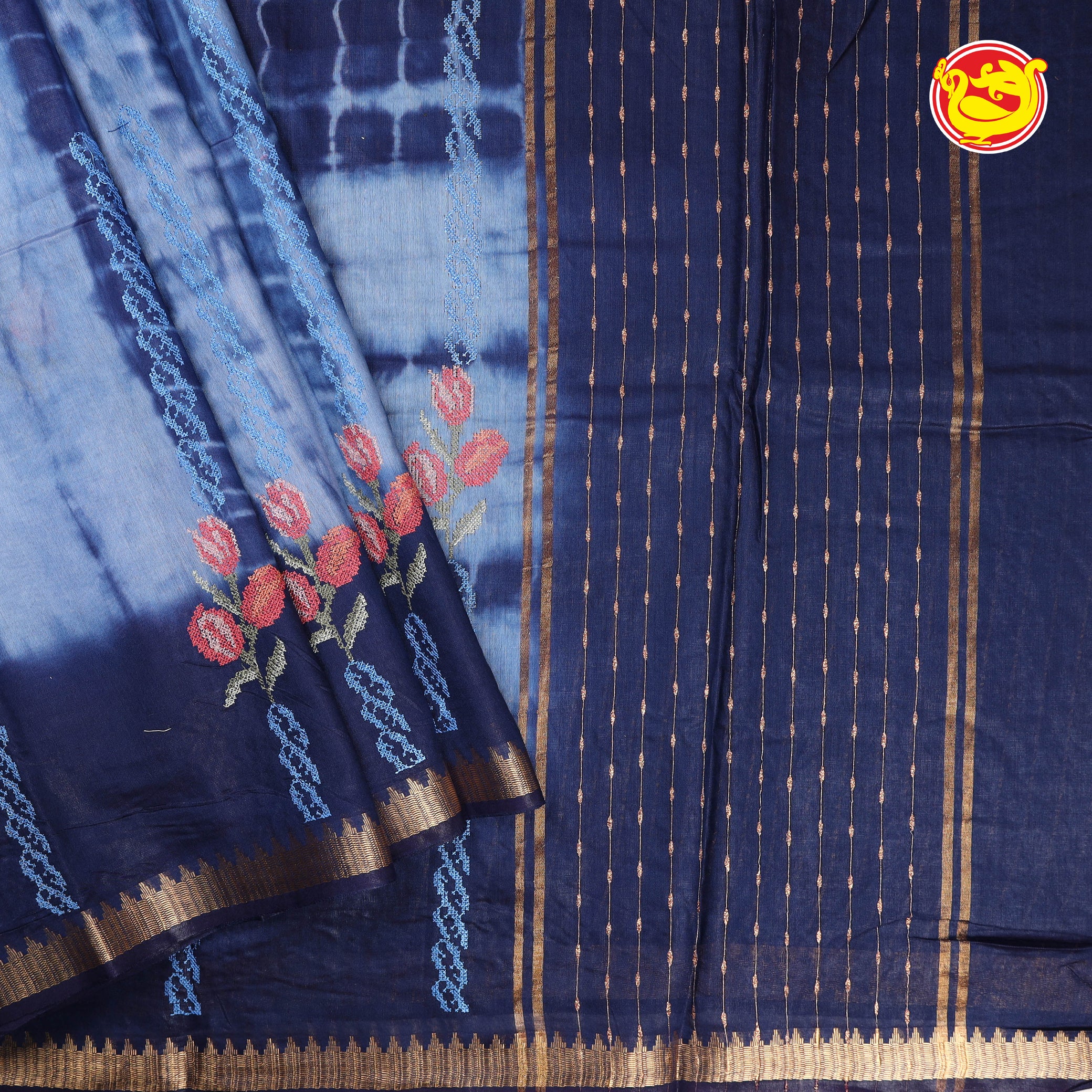 Blue art tussar saree with shibori and embroidery