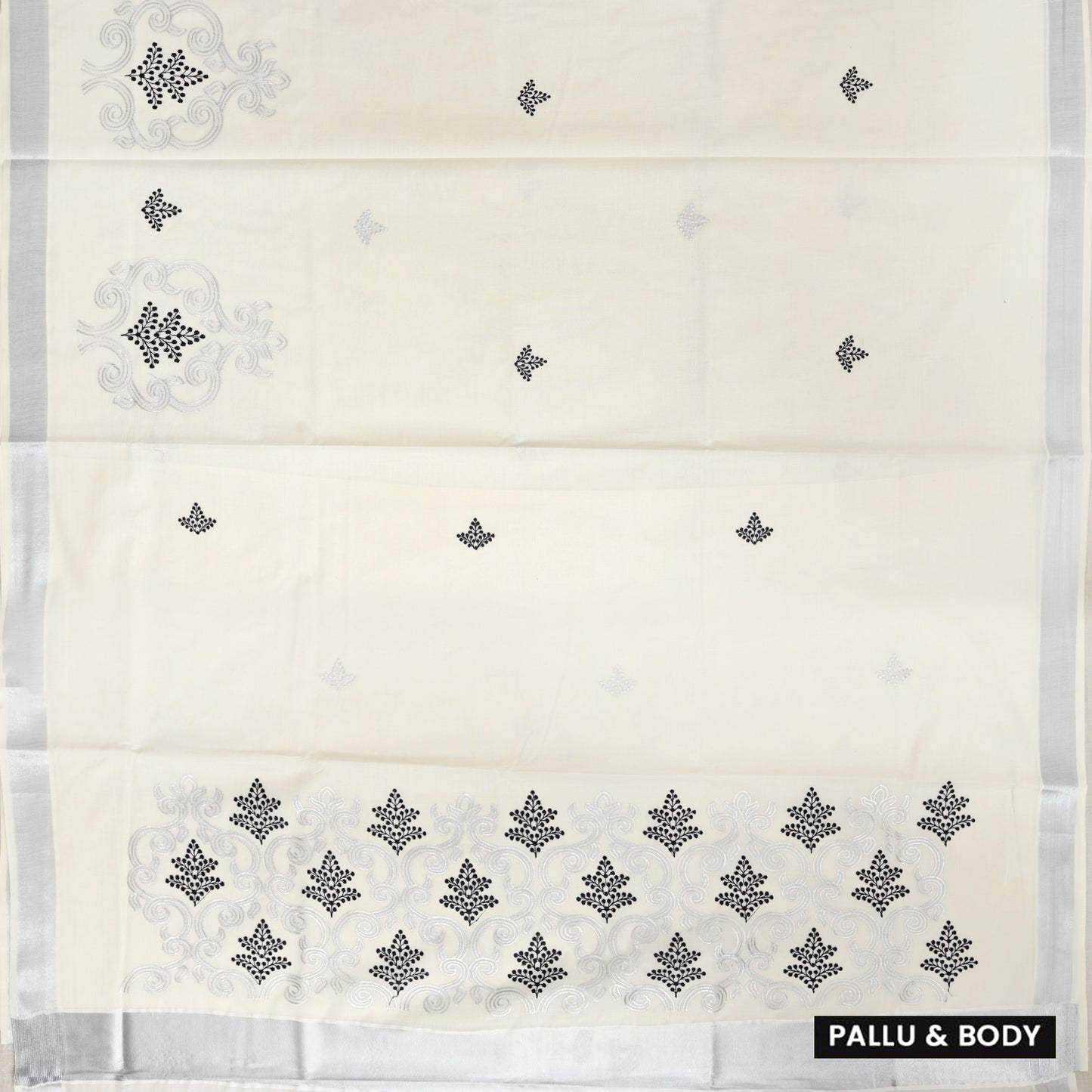 Off White With Silver Zeri Floral Design traditional kerala onam saree