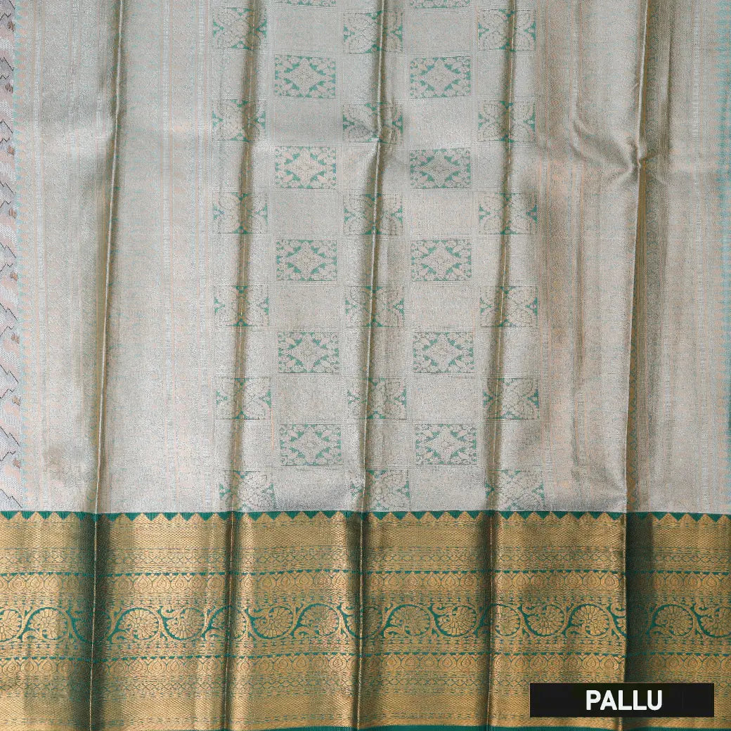Gray With Green Floral Design Tissue Silk Saree