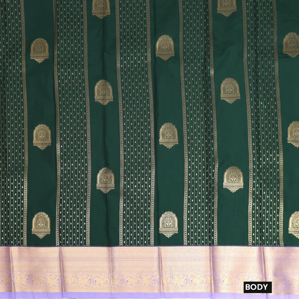 Bottle Green With Lavender Copper Zari Border Korvai Silk Saree