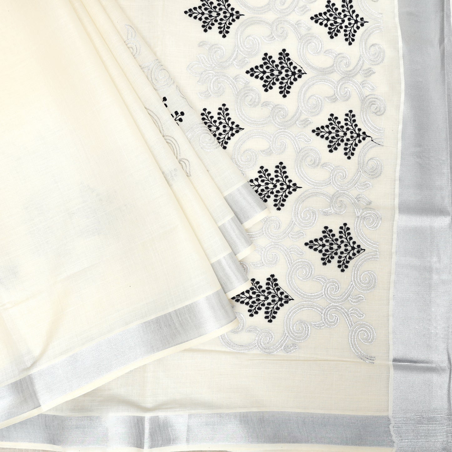 Off White With Silver Zeri Floral Design traditional kerala onam saree
