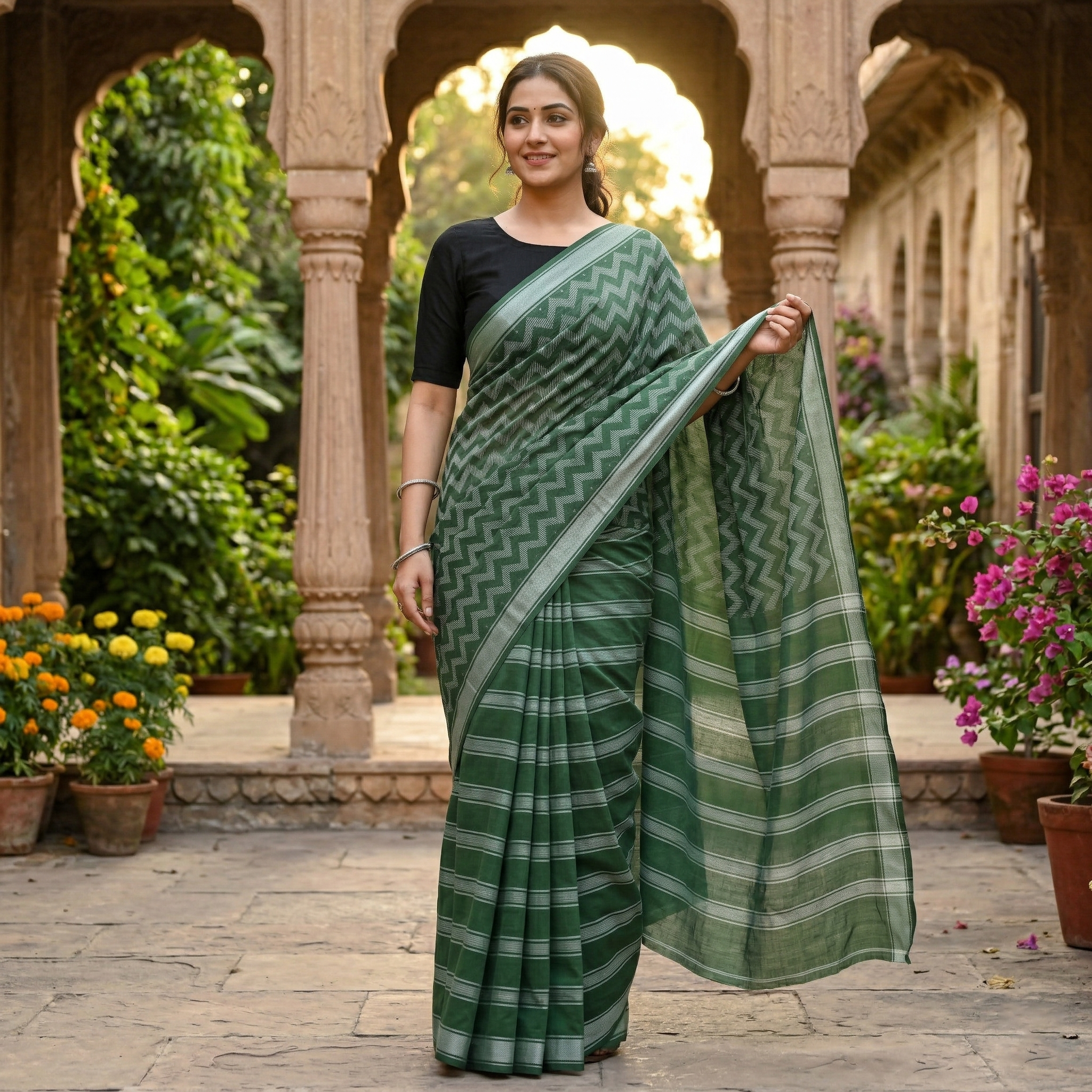 Dark green Colour Trendy Linen Saree