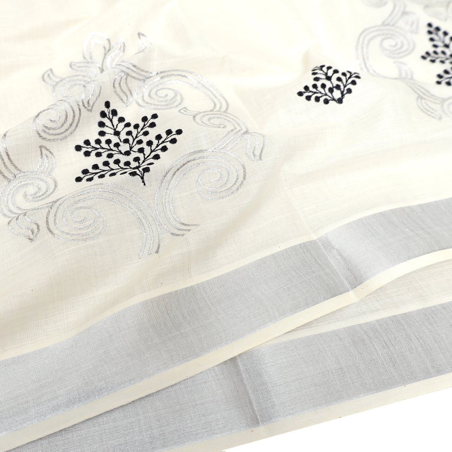 Off White With Silver Zeri Floral Design traditional kerala onam saree