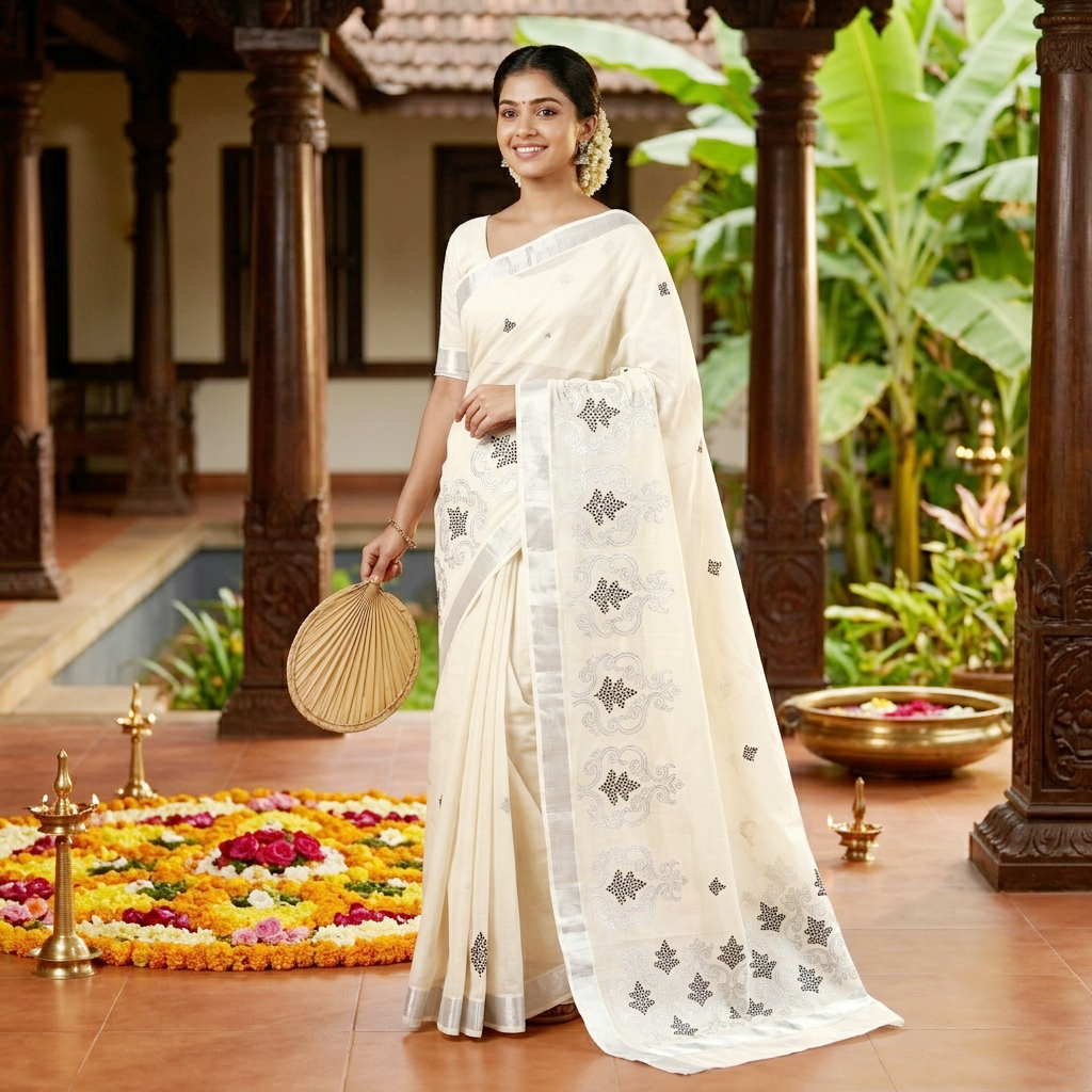 Off White With Silver Zeri Floral Design traditional kerala onam saree