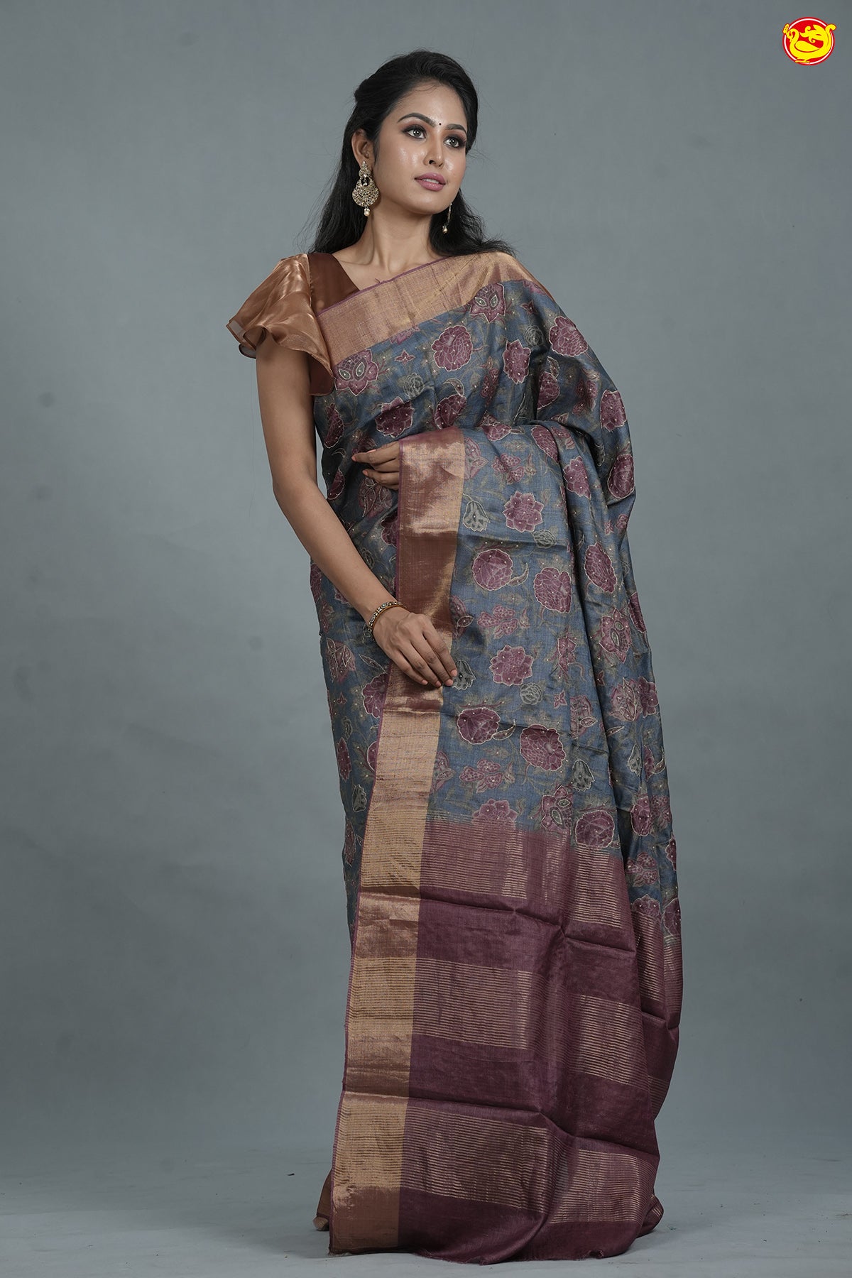 Grey With Maroon Pure handwoven Tussar silk saree with hand embroidery over digital prints
