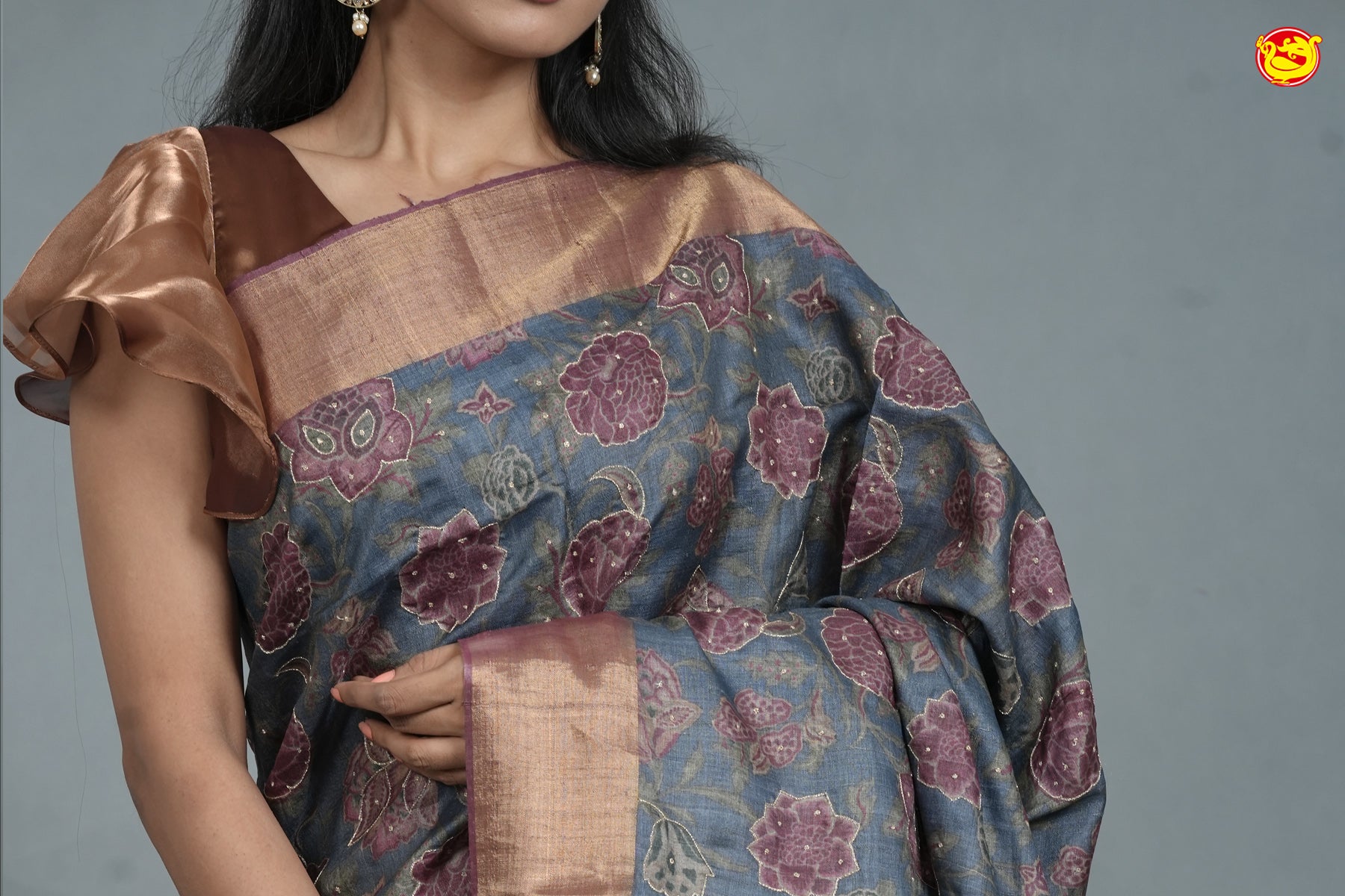 Grey With Maroon Pure handwoven Tussar silk saree with hand embroidery over digital prints