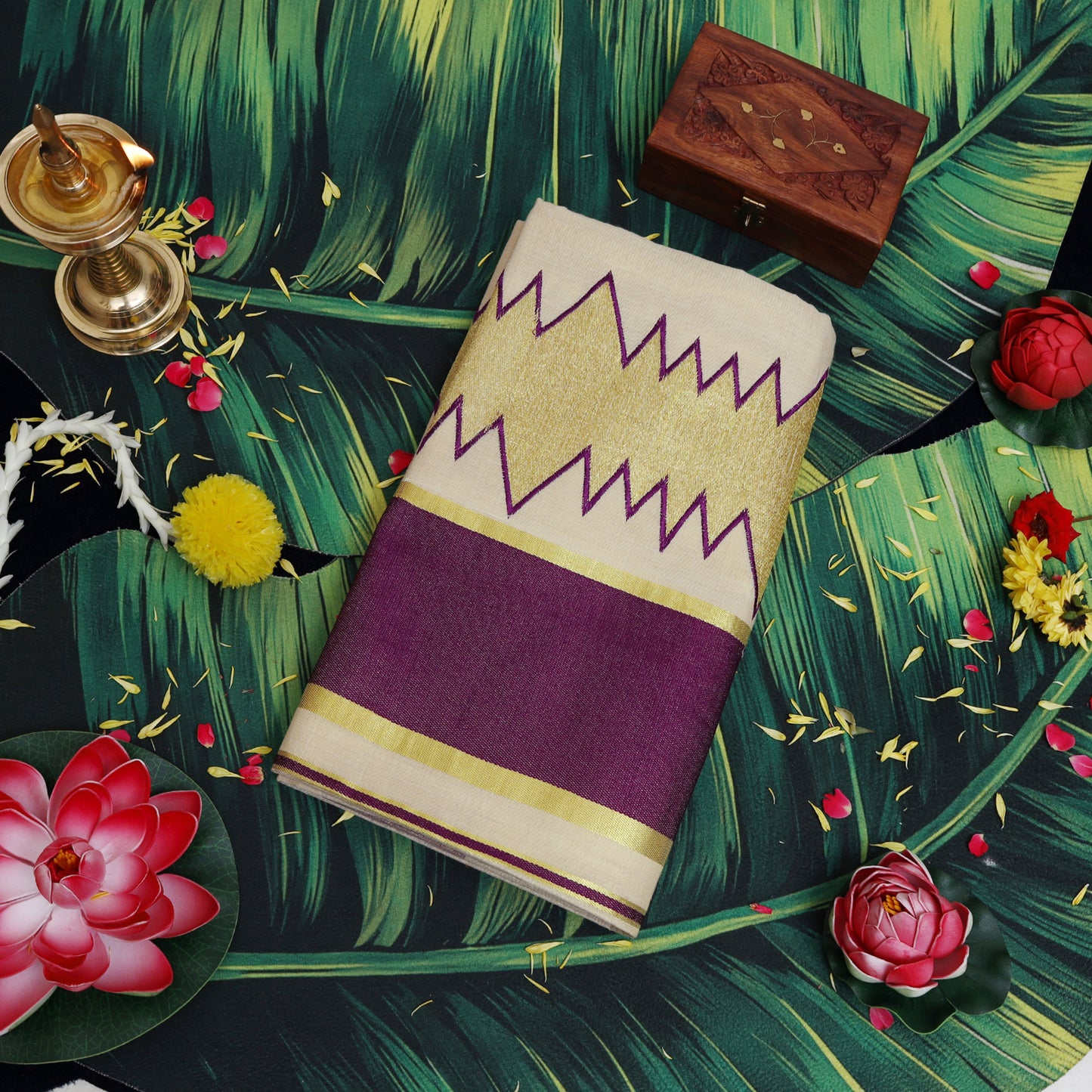 Off White With Purple Sharp Geometric Zip-Zag Lines Stitched Over Wide Gold traditional kerala onam saree