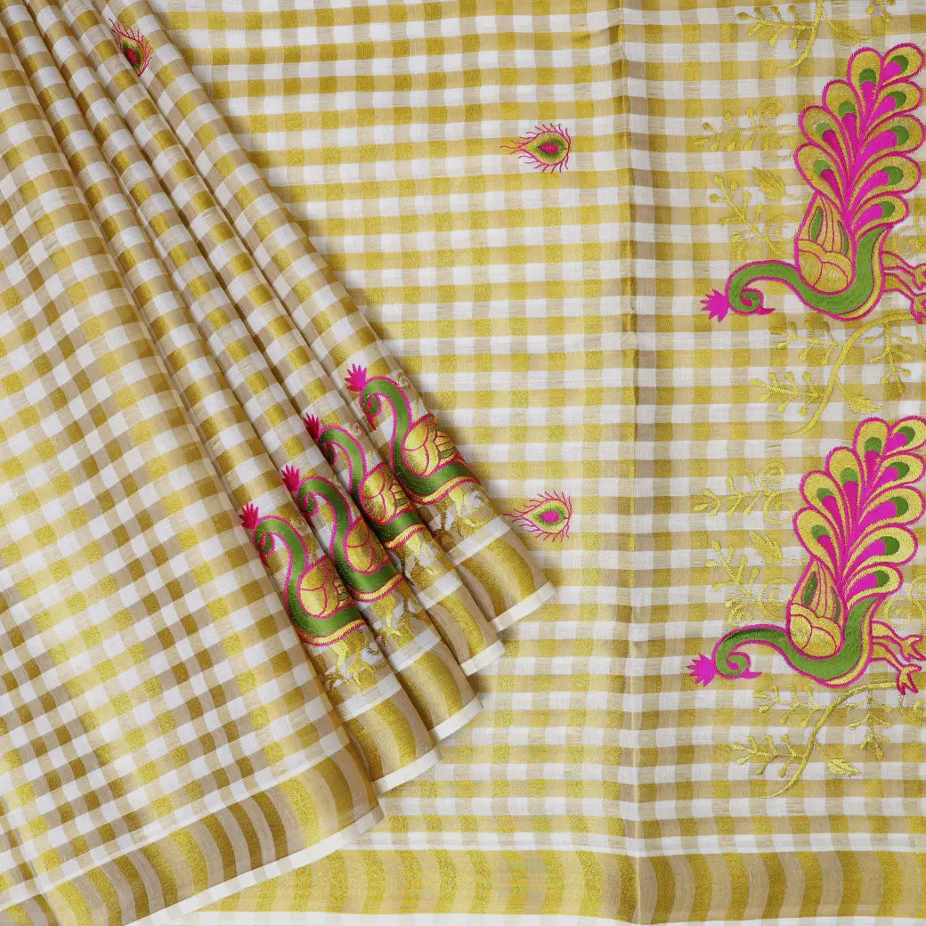 Southloom Exclusive Onam Kerala Traditional Fancy Border Peacock design Checked Cotton Saree (Matching Checked Blouse Included)