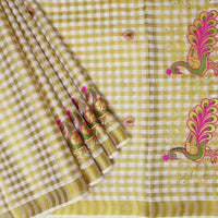 Southloom Exclusive Onam Kerala Traditional Fancy Border Peacock design Checked Cotton Saree (Matching Checked Blouse Included)