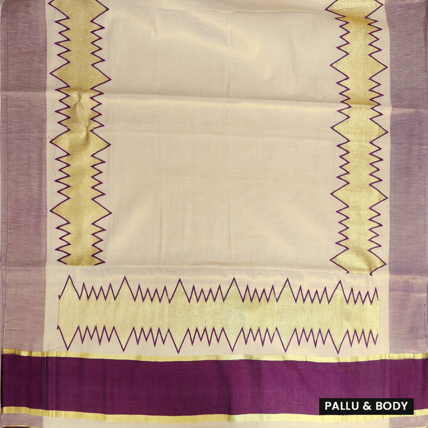 Off White With Purple Sharp Geometric Zip-Zag Lines Stitched Over Wide Gold traditional kerala onam saree