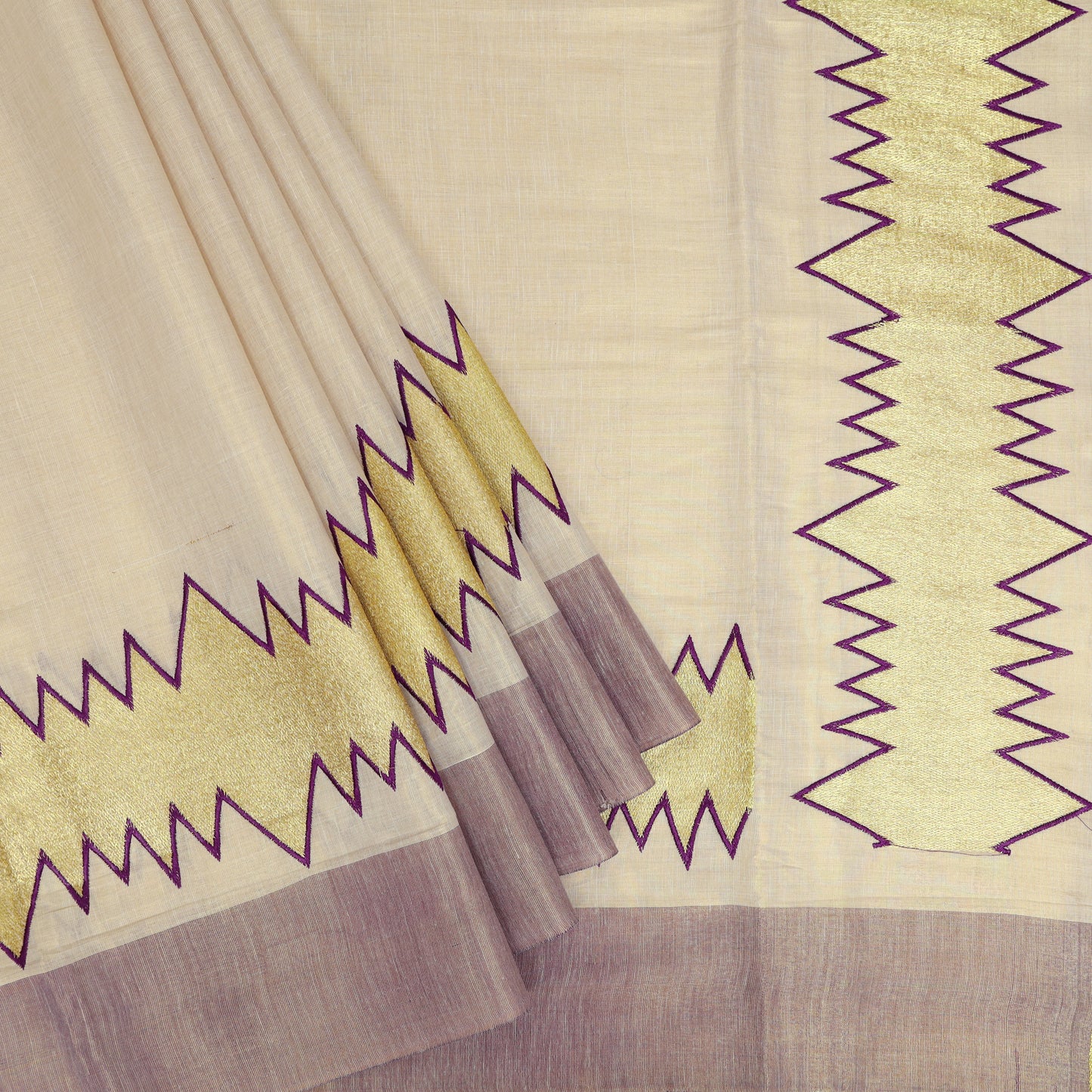 Off White With Purple Sharp Geometric Zip-Zag Lines Stitched Over Wide Gold traditional kerala onam saree